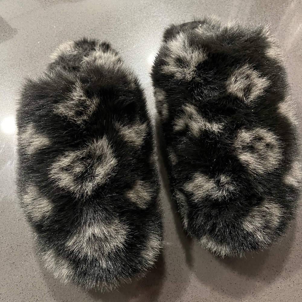 Fuzzy Black and Gray Slippers